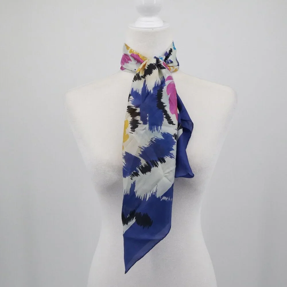 Vintage Silk Scarf Blue Bloomcore Boho Cottage Polished Colorful‎ Artsy Elegant